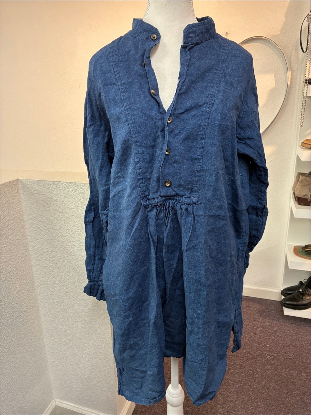 eskandar 100% Linen Long Sleeve Blue Button Front Dress Size Small